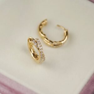 Pendientes de Aro Geometricos – Plata S925 con Doble Fila de Diamantes y Chapado en Oro 18K - Imagen 3
