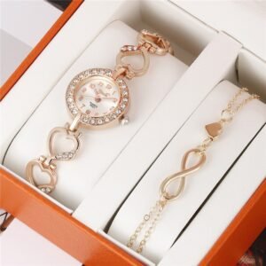Conjunto Simple Reloj de mujer mas Pulsera de oro rosa Forma De Corazon