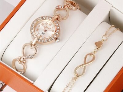 Conjunto Simple Reloj de mujer mas Pulsera de oro rosa Forma De Corazon