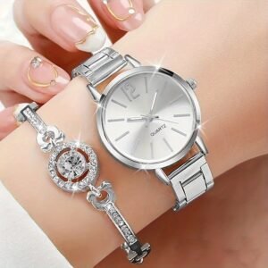 Conjunto de Reloj De Cuarzo Para Mujer, Pulsera de Moda mas Caja de Regalo de Joyeria todo en Color Plata - Imagen 3