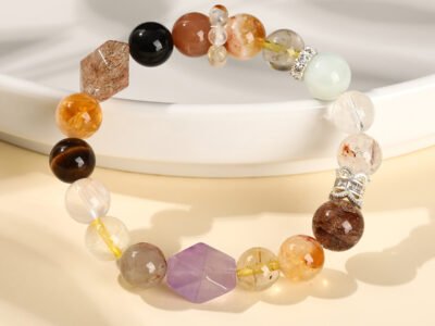 Pulsera De Cristal Negro Y Oro Natural Con Patrón Geométrico Para Mujer