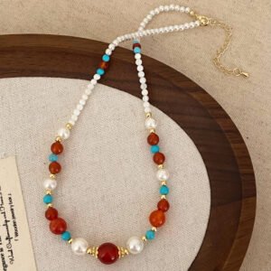 Collar de Perla Lustra Estilo Chino Vintage – Azul Turquesa, Rojo Han y Blanco - Imagen 1