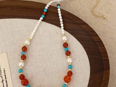 Collar de Perla Lustra Estilo Chino Vintage – Azul Turquesa, Rojo Han y Blanco