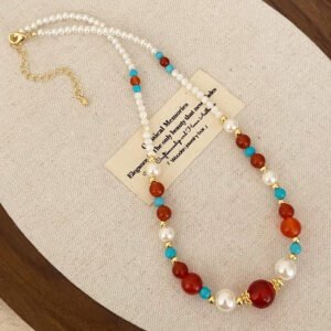 Collar de Perla Lustra Estilo Chino Vintage – Azul Turquesa, Rojo Han y Blanco - Imagen 2