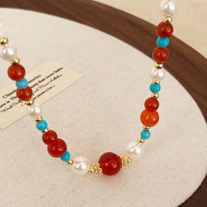 Collar de Perla Lustra Estilo Chino Vintage – Azul Turquesa, Rojo Han y Blanco - Imagen 3