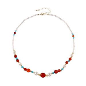 Collar de Perla Lustra Estilo Chino Vintage – Azul Turquesa, Rojo Han y Blanco - Imagen 4