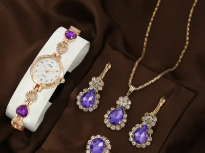 Reloj Glamour Brillante Gotitas De Agua mas Conjunto de Joyeria Cuarzo para Mujer