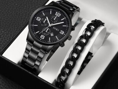 Conjunto de Reloj mas Pulsera De Cuarzo Con Correa De Acero Para Hombre
