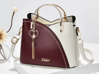 Bolso de hombro medio para mujer, bloque de color Color Vino con Blanco