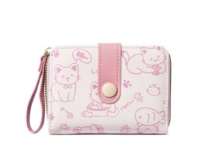 Cartera corta elegante para mujer con diseño de gato y corazon Rosa