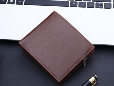 Billetera corta gruesa para hombre con cierre de cremallera Café