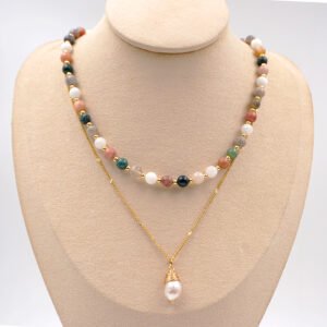 Conjunto Collar Revestimiento Al Vacío Chapado En Oro Cristal Artificial y Perlas de Agua Dulce - Imagen 4