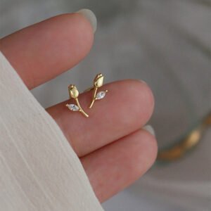 Pendientes Plata De Ley 925 Diamantes De Imitación Flor Tulipán (Oro)