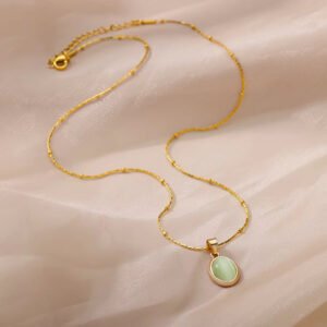 Collar colgante geométrico acero 304 PVD oro auténtico con piedra ojo de gato (Verde) - Imagen 3