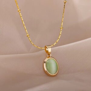 Collar colgante geométrico acero 304 PVD oro auténtico con piedra ojo de gato (Verde) - Imagen 4