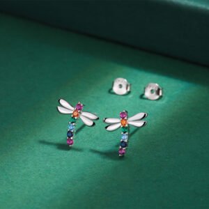 Pendientes mujer plata 925 libélula oro 18K con diamantes coloridos diseño creativo - Imagen 3