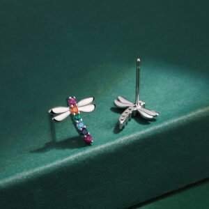 Pendientes mujer plata 925 libélula oro 18K con diamantes coloridos diseño creativo - Imagen 4