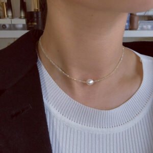 Collar Perla Agua Dulce Brillante Y Delgada Con Diamantes Para Mujer